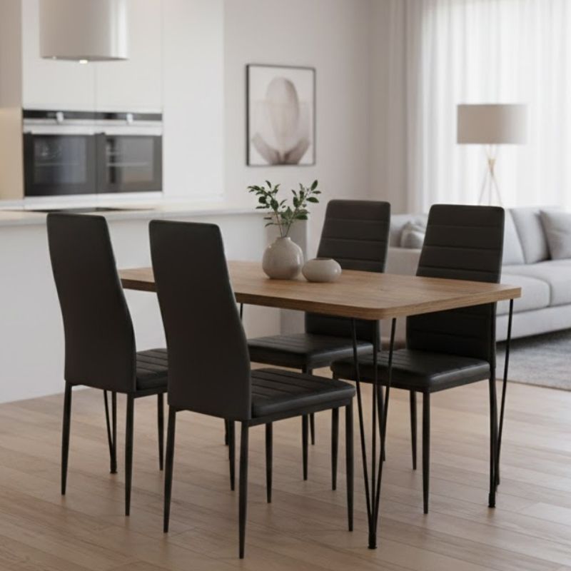 Σετ τραπεζαρία 5τμχ Roger - Rosa  Mdf - PU χρώμα ακακίας - μαύρο 120x70x75εκ. - Pakobazaar