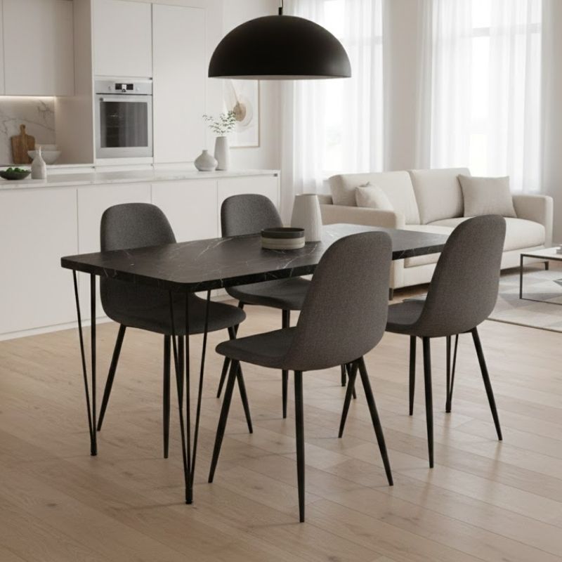 Σετ τραπεζαρία 5τμχ Roger - Iris  Mdf - ύφασμα χρώμα μαύρο εφέ μαρμάρου - γκρι 120x70x75εκ.