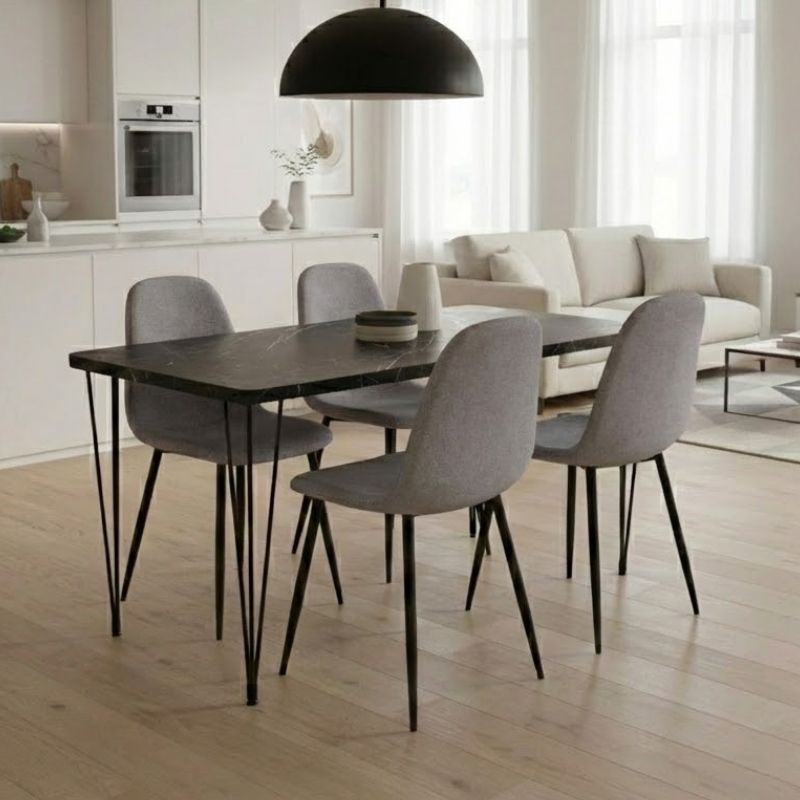 Σετ τραπεζαρία 5τμχ Roger - Iris  Mdf - ύφασμα χρώμα μαύρο εφέ μαρμάρου - ανοιχτό μπεζ 120x70x75εκ. - Pakobazaar