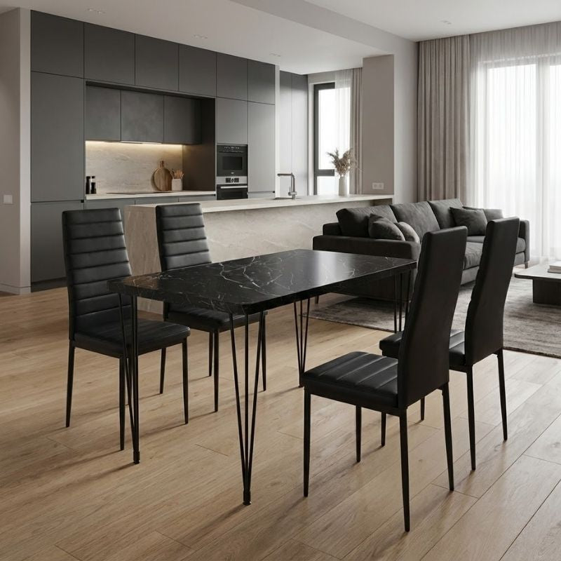 Σετ τραπεζαρία 5τμχ Roger - Rosa  Mdf - PU χρώμα μαύρο εφέ μαρμάρου - μαύρο 120x70x75εκ. - Pakobazaar