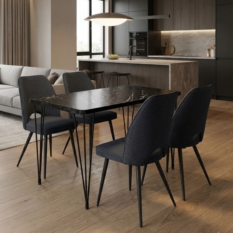 Σετ τραπεζαρία 5τμχ Roger - Christy  Mdf - ύφασμα χρώμα μαύρο εφέ μαρμάρου - ανθρακί 120x70x75εκ. - Pakobazaar