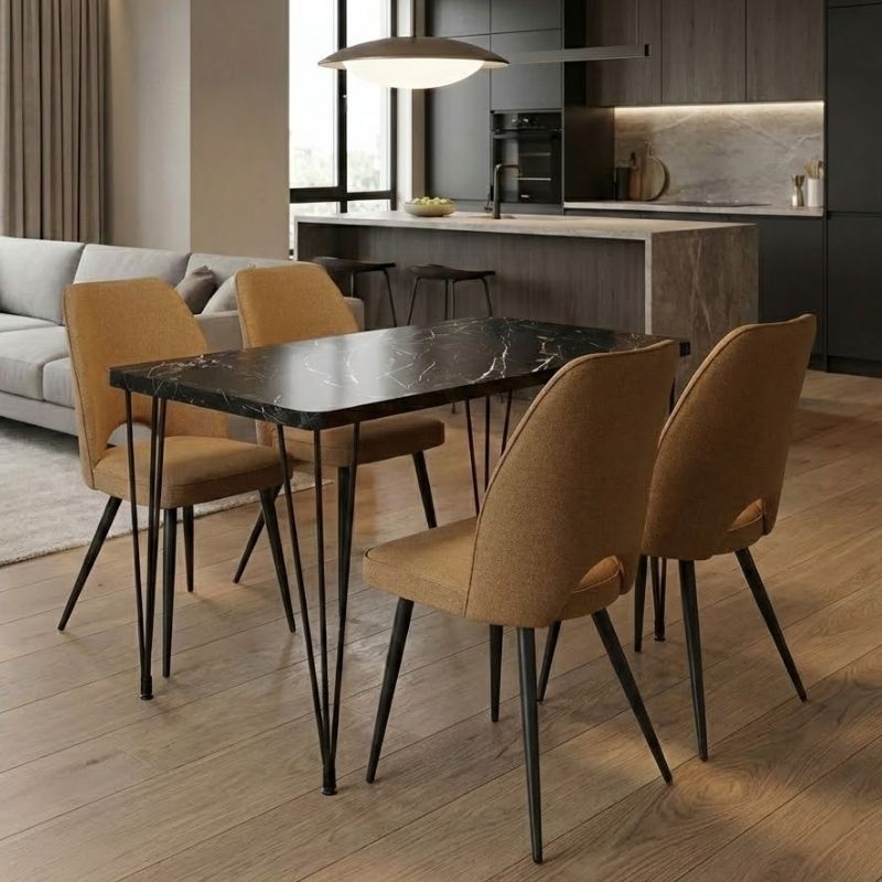 Σετ τραπεζαρία 5τμχ Roger - Christy  Mdf - ύφασμα χρώμα μαύρο εφέ μαρμάρου - μουσταρδί 120x70x75εκ. - Pakobazaar