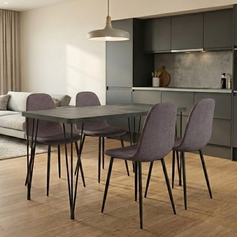 Σετ τραπεζαρία 5τμχ Roger - Iris  Mdf - ύφασμα χρώμα σκούρο γκρι σκυροδέματος - ανοιχτό μπεζ 120x70x75εκ.