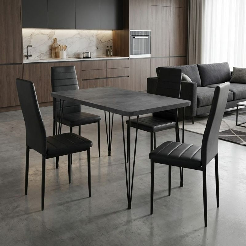 Σετ τραπεζαρία 5τμχ Roger - Rosa  Mdf - PU χρώμα σκούρο γκρι σκυροδέματος - μαύρο 120x70x75εκ.