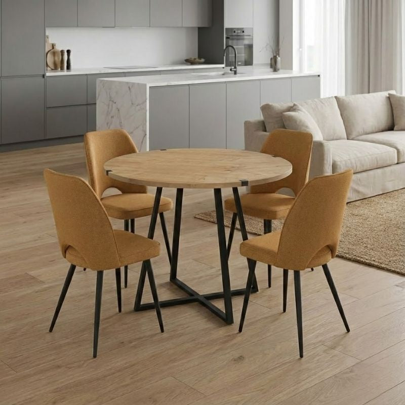 Σετ τραπεζαρία 5τμχ Rubes - Christy  χρώμα φυσικό οξιάς - μουσταρδί Ø100x78εκ. - Pakobazaar