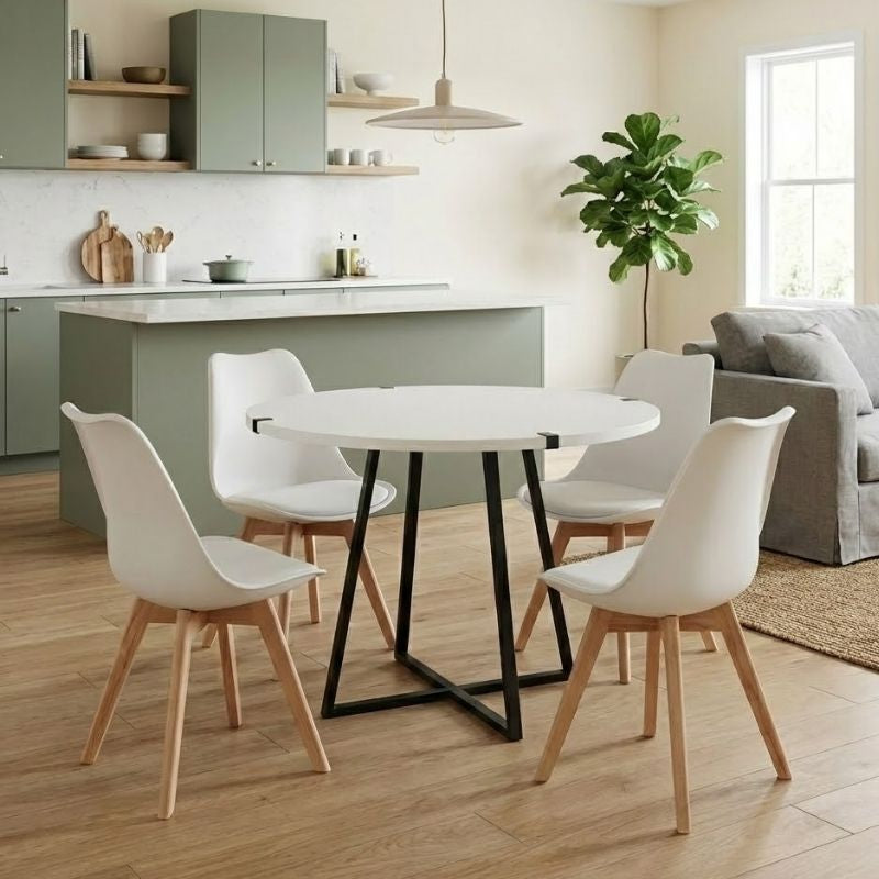 Σετ τραπεζαρία 5τμχ Rubes - Viva  χρώμα λευκό - λευκό/φυσικό πόδι Ø100x78εκ.