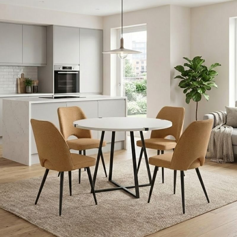 Σετ τραπεζαρία 5τμχ Rubes - Christy  χρώμα λευκό - μουσταρδί Ø100x78εκ.