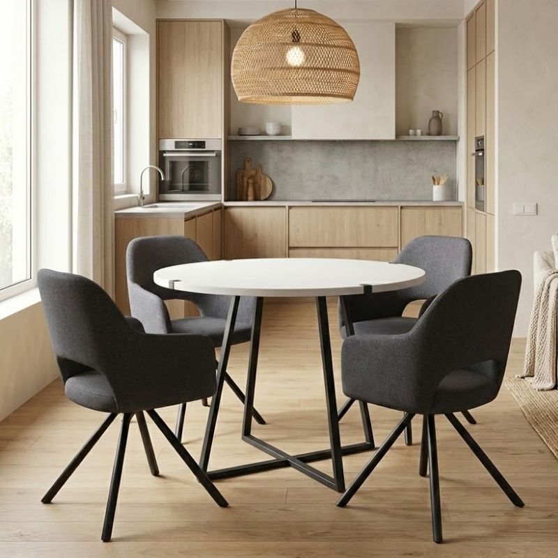 Σετ τραπεζαρία 5τμχ Rubes - Gabriel  χρώμα λευκό - γκρι Ø100x78εκ.