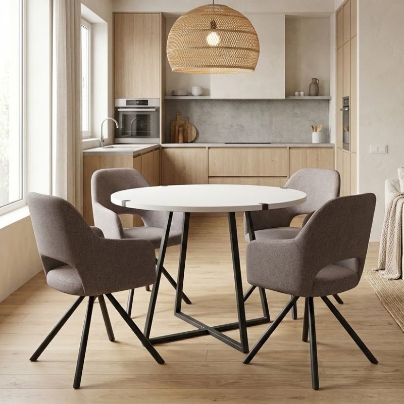 Σετ τραπεζαρία 5τμχ Rubes - Gabriel  χρώμα λευκό - ανοιχτό μπεζ Ø100x78εκ.