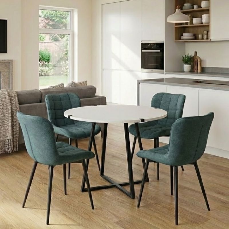 Σετ τραπεζαρία 5τμχ Rubes - Chiara  χρώμα λευκό - πράσινο Ø100x78εκ.