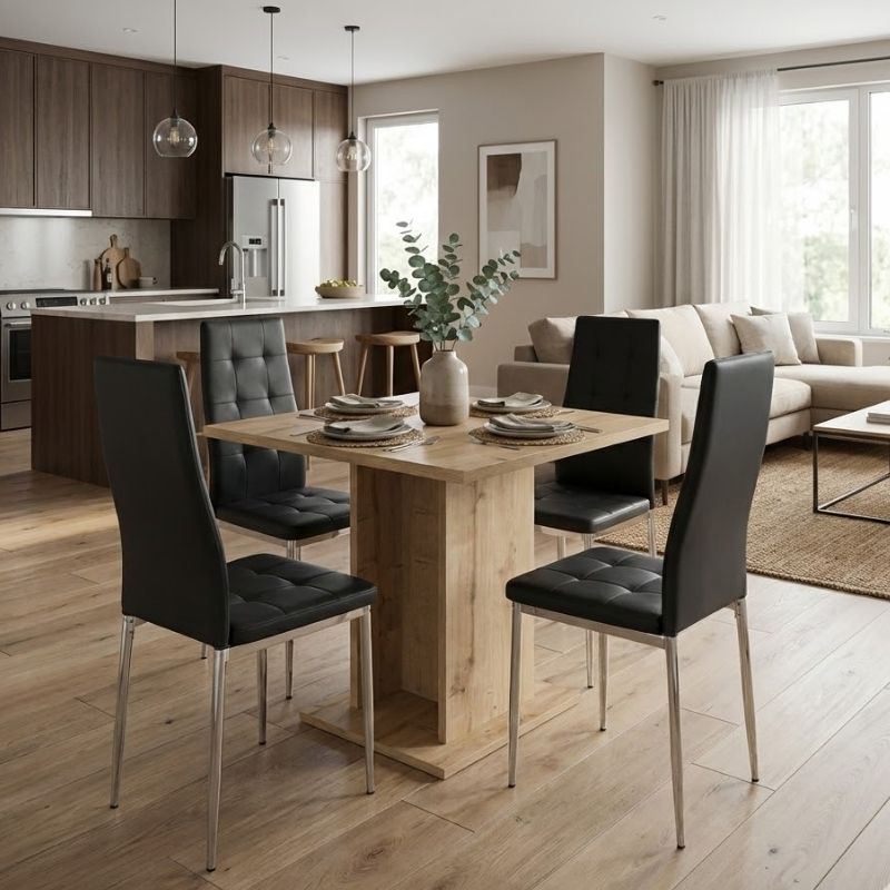 Σετ τραπεζαρία 5τμχ Allos - Rosa  χρώμα sapphire oak - μαύρο/χρωμίου πόδι 75x75x77εκ.