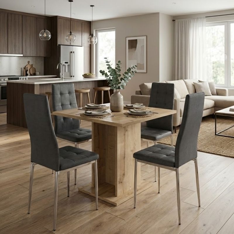 Σετ τραπεζαρία 5τμχ Allos - Rosa  χρώμα sapphire oak - γκρι/χρωμίου πόδι 75x75x77εκ.