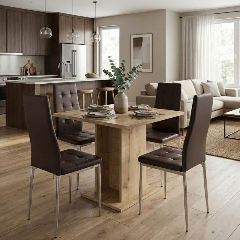 Σετ τραπεζαρία 5τμχ Allos - Rosa  χρώμα sapphire oak - καφέ/χρωμίου πόδι 75x75x77εκ.