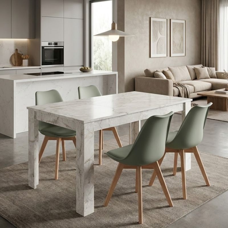 Σετ τραπεζαρία 5τμχ Darlen - Viva  χρώμα λευκό εφέ μαρμάρου - φυστικί 125x72x74εκ.