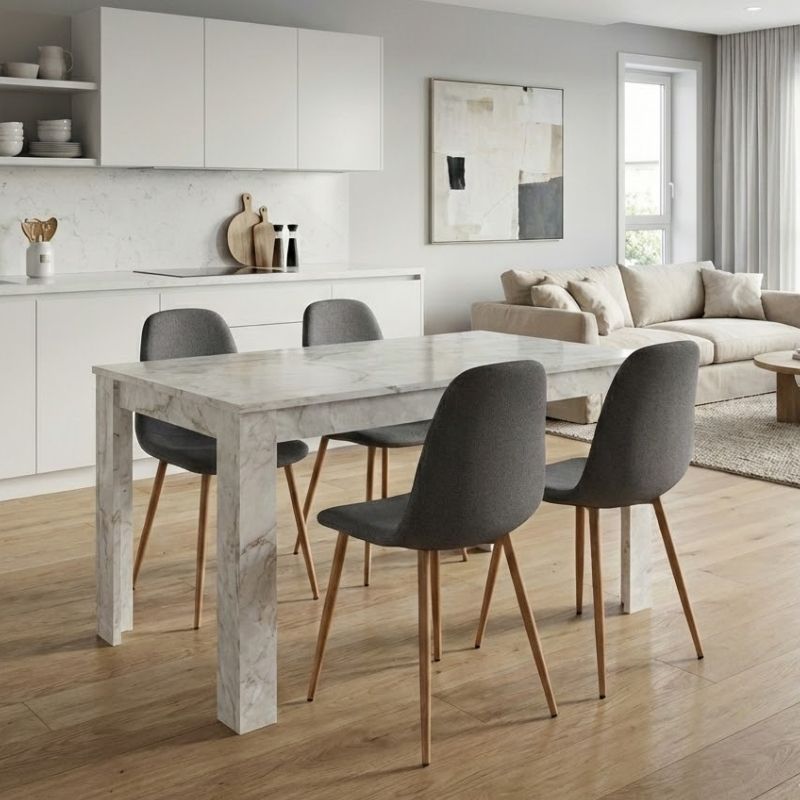 Σετ τραπεζαρία 5τμχ Darlen - Iris  χρώμα λευκό εφέ μαρμάρου - γκρι/φυσικό πόδι 125x72x74εκ.