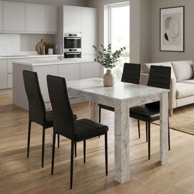 Σετ τραπεζαρία 5τμχ Darlen - Rosa  χρώμα λευκό εφέ μαρμάρου - μαύρο 125x72x74εκ.