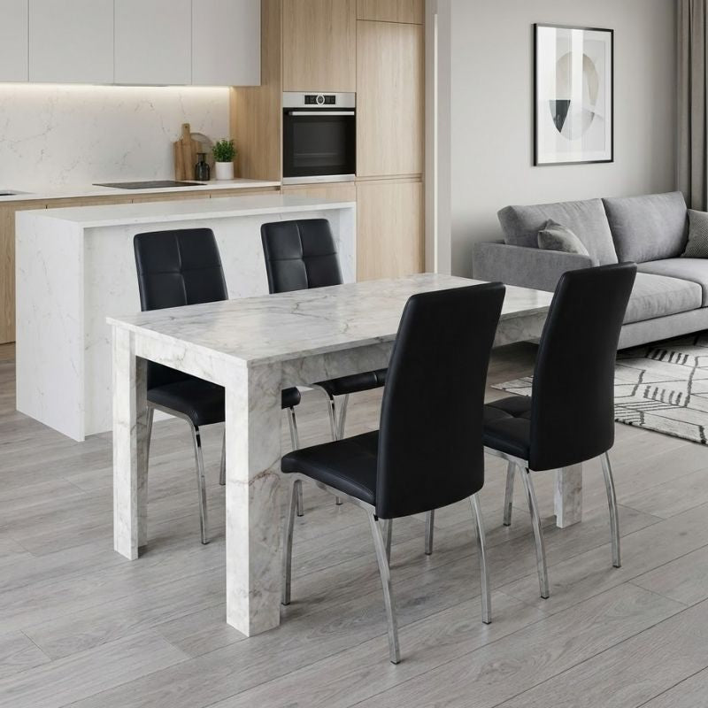 Σετ τραπεζαρία 5τμχ Darlen - Alma  χρώμα λευκό εφέ μαρμάρου - μαύρο 125x72x74εκ.