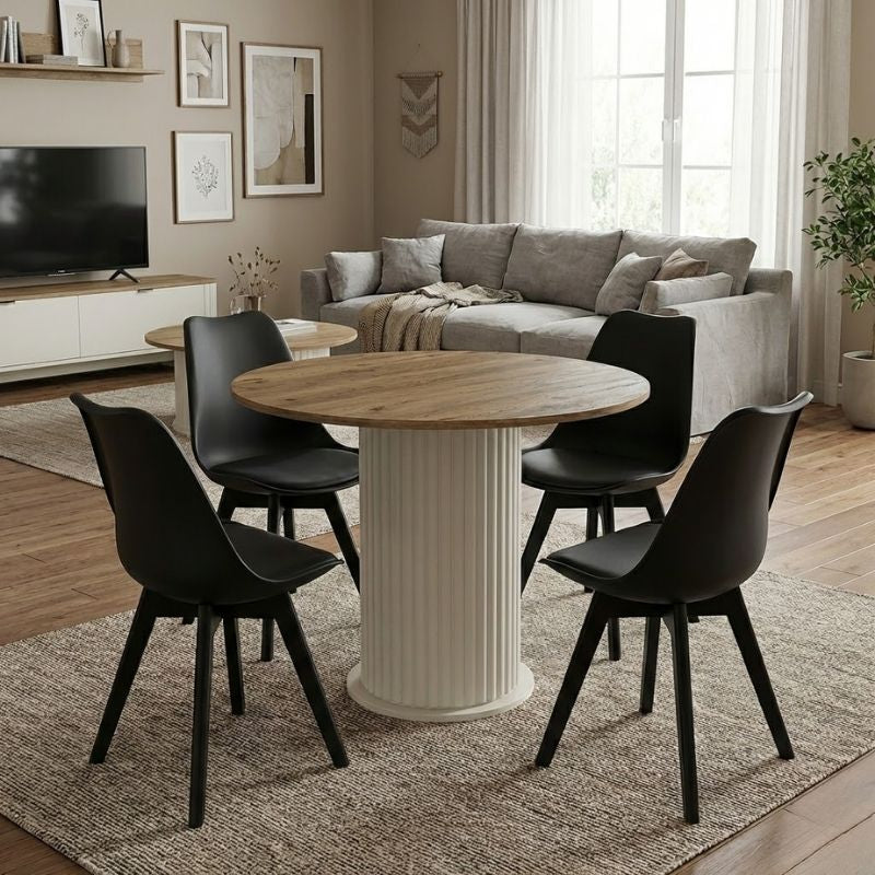 Σετ τραπεζαρία 5τμχ Bohema - Viva  χρώμα ivory/sepet oak - μαύρο Ø90x77,7εκ. - Pakobazaar