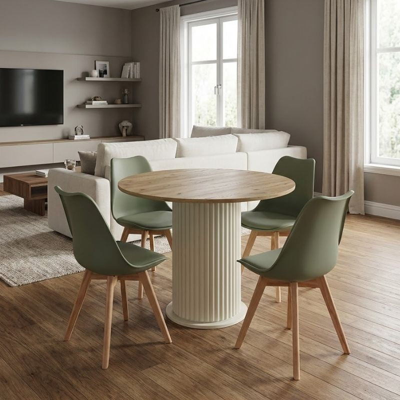 Σετ τραπεζαρία 5τμχ Bohema - Viva  χρώμα ivory/sepet oak - φυστικί Ø90x77,7εκ.