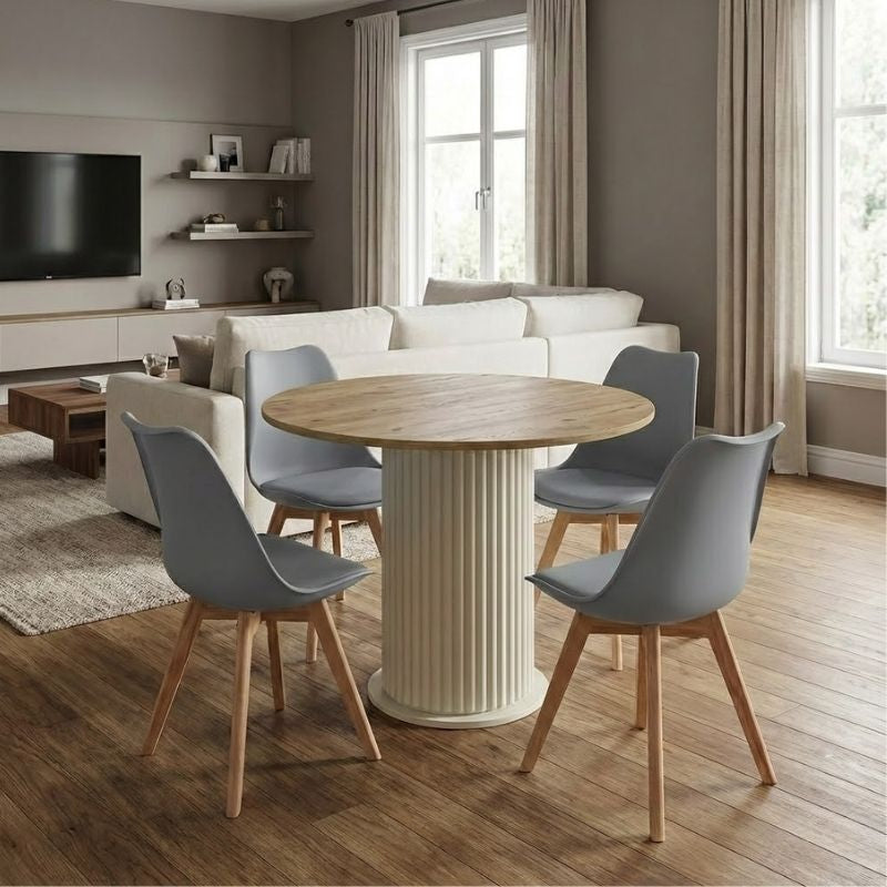 Σετ τραπεζαρία 5τμχ Bohema - Viva  χρώμα ivory/sepet oak - γκρι Ø90x77,7εκ.