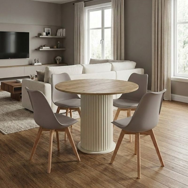 Σετ τραπεζαρία 5τμχ Bohema - Viva  χρώμα ivory/sepet oak - cappuccino Ø90x77,7εκ.