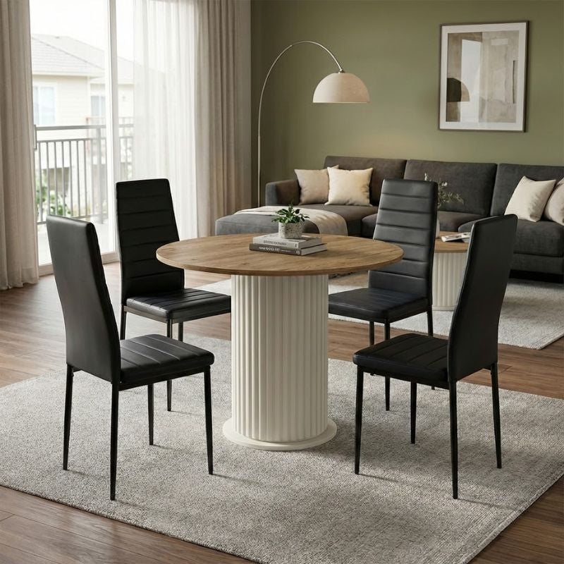 Σετ τραπεζαρία 5τμχ Bohema - Rosa  χρώμα ivory/sepet oak - μαύρο Ø90x77,7εκ.