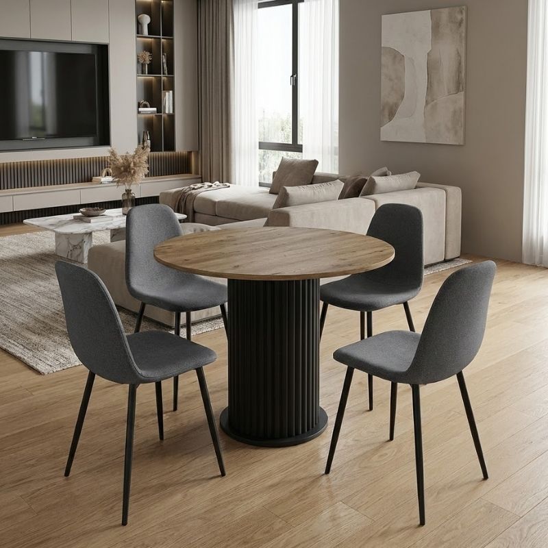 Σετ τραπεζαρία 5τμχ Bohema - Iris  χρώμα μαύρο/sepet oak - γκρι Ø90x77,7εκ.