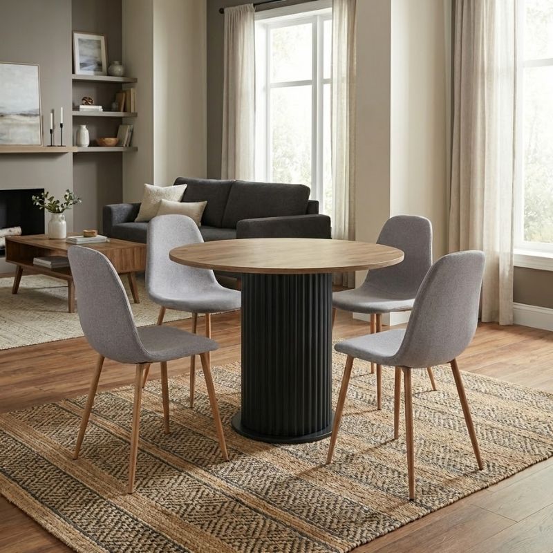 Σετ τραπεζαρία 5τμχ Bohema - Iris  χρώμα μαύρο/sepet oak - ανοιχτό μπεζ/φυσικό πόδι Ø90x77,7εκ.