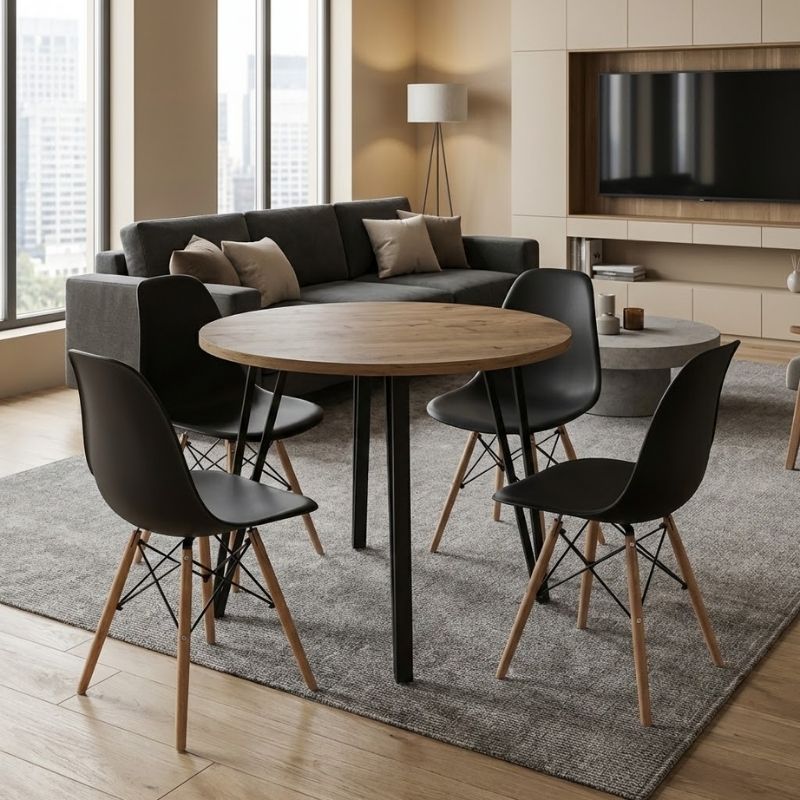 Σετ τραπεζαρία 5τμχ Xana - Nova  χρώμα sepet oak - μαύρο Ø90x77,5εκ. - Pakobazaar