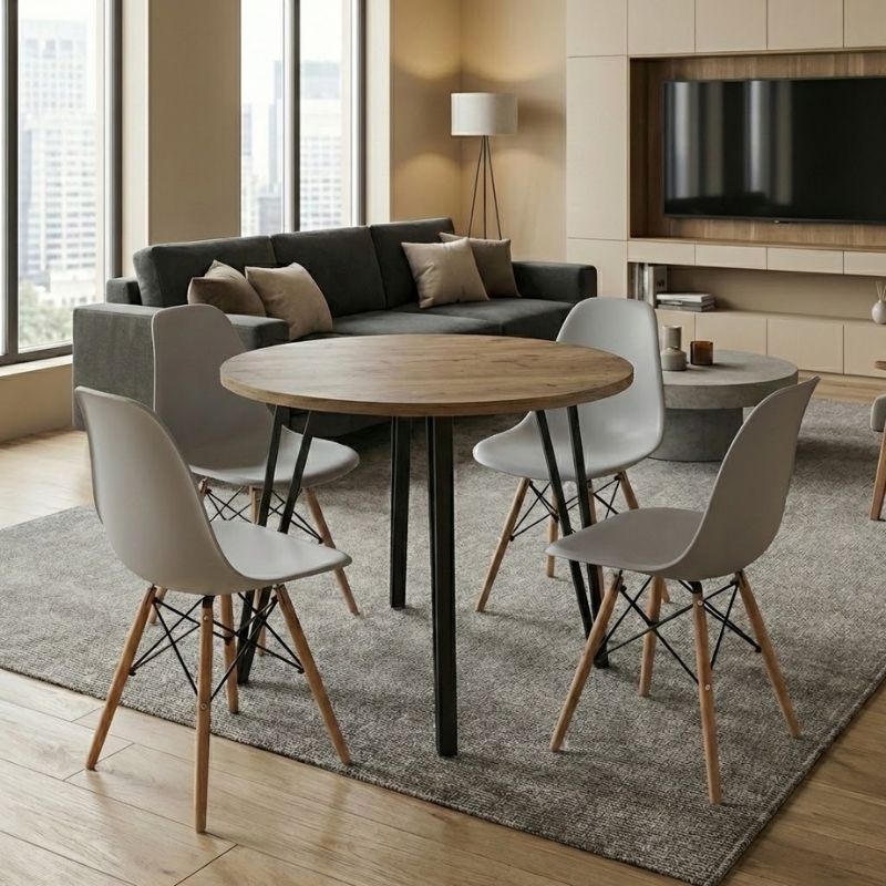 Σετ τραπεζαρία 5τμχ Xana - Nova  χρώμα sepet oak - γκρι Ø90x77,7εκ.