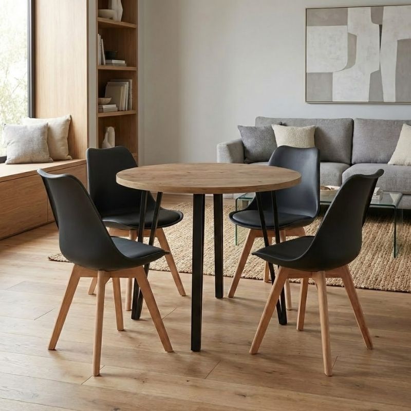 Σετ τραπεζαρία 5τμχ Xana - Viva  χρώμα sepet oak - μαύρο Ø90x77,7εκ.