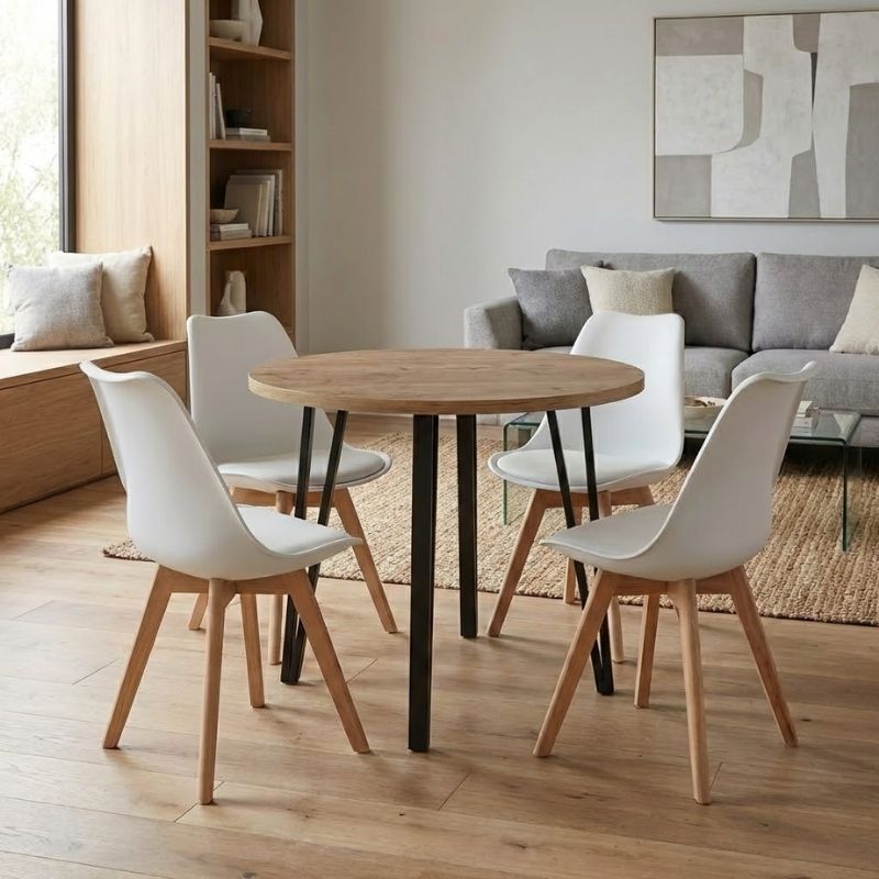 Σετ τραπεζαρία 5τμχ Xana - Viva  χρώμα sepet oak - λευκό Ø90x77,5εκ. - Pakobazaar