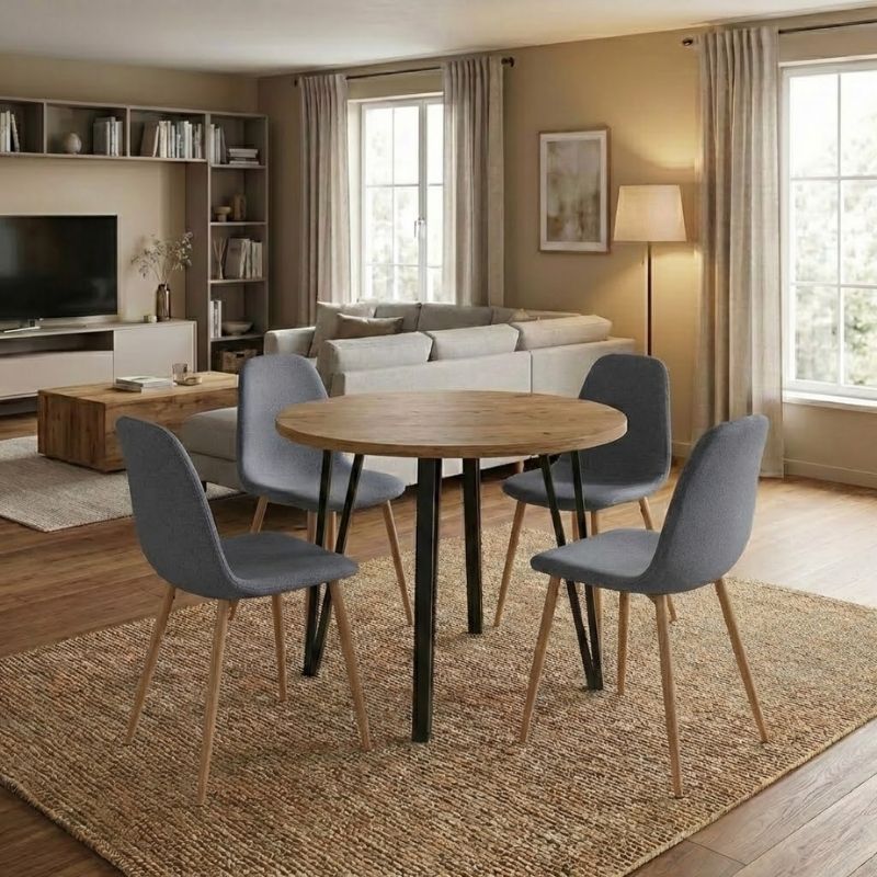 Σετ τραπεζαρία 5τμχ Xana - Iris  χρώμα sepet oak - γκρι/φυσικό πόδι Ø90x77,7εκ.