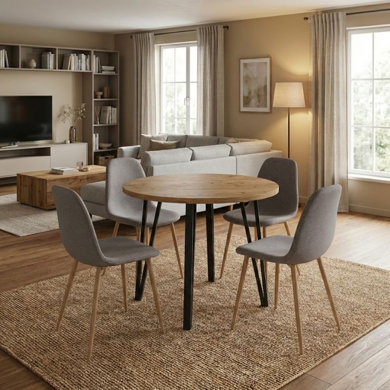 Σετ τραπεζαρία 5τμχ Xana - Iris  χρώμα sepet oak - ανοιχτό μπεζ/φυσικό πόδι Ø90x77,7εκ.