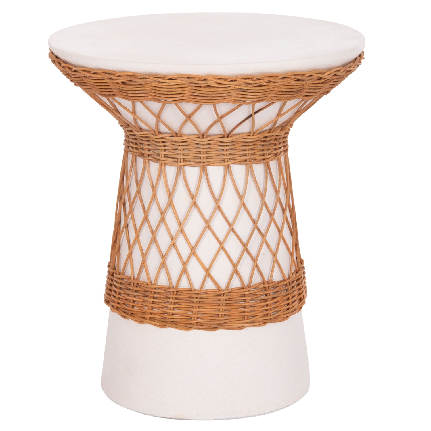 ΒΟΗΘΗΤΙΚΟ ΤΡΑΠΕΖΙ ΣΤΡΟΓΓΥΛΟ DELIA HM18167.02 FIBER CEMENT ΛΕΥΚΟ & RATTAN Φ40x45Υεκ - Pakobazaar