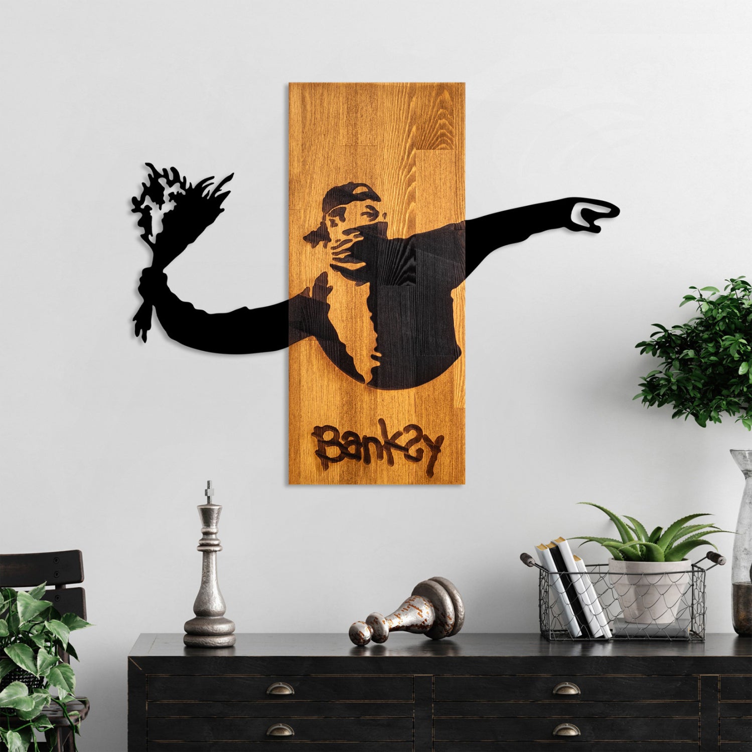 ΔΙΑΚΟΣΜΗΤΙΚΟ ΤΟΙΧΟΥ BANKSY HM4757-ΦΥΛΛΑ ΜΕΤΑΛΛΟΥ ΜΑΥΡΑ-ΞΥΛΟ 69x3(βάθος)x58Υεκ. - Pakobazaar