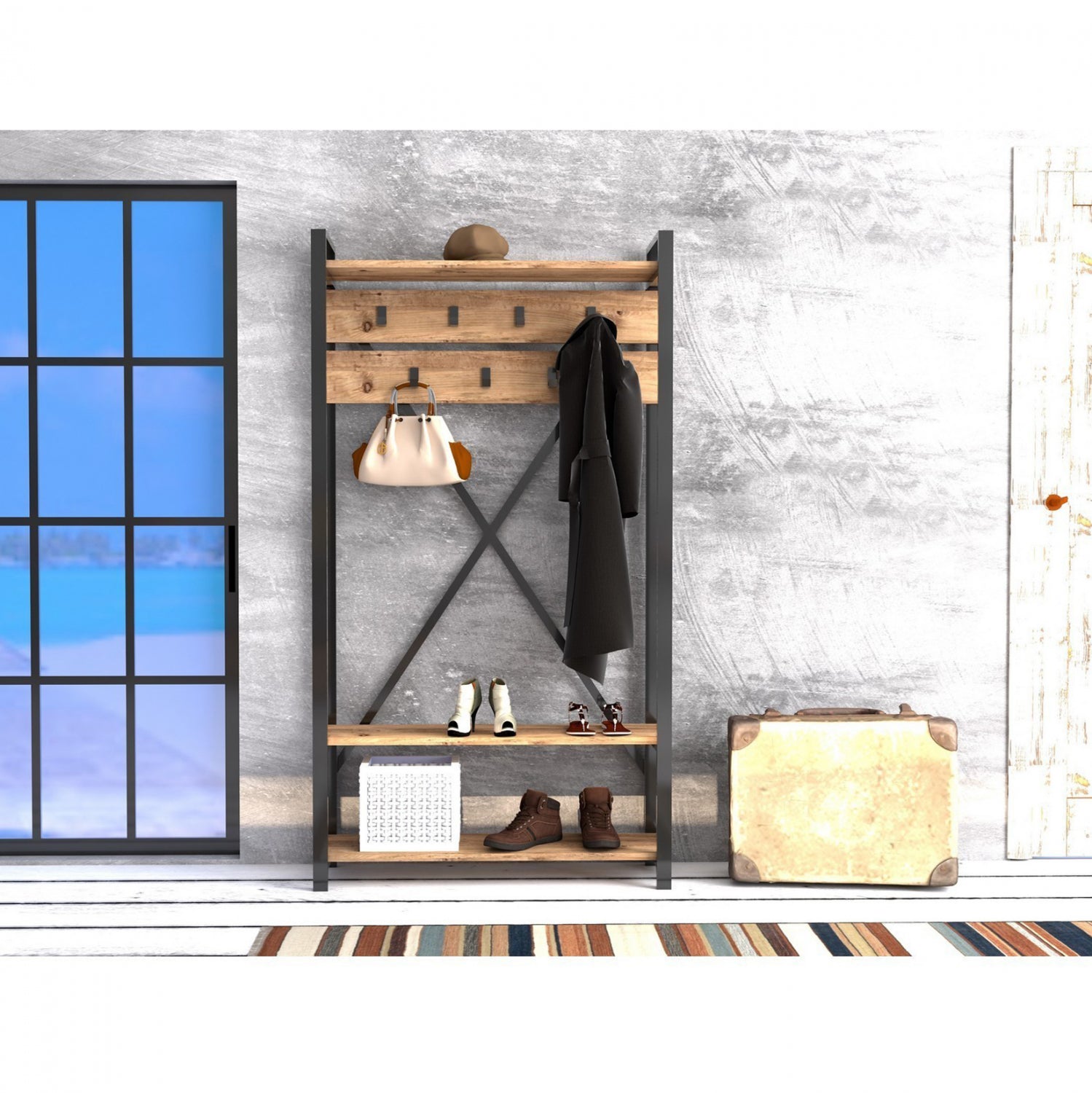 ΕΠΙΠΛΟ ΕΙΣΟΔΟΥ HM8943.01 NATURAL WOOD & ΜΑΥΡΟ  90x34x180 εκ. - Pakobazaar