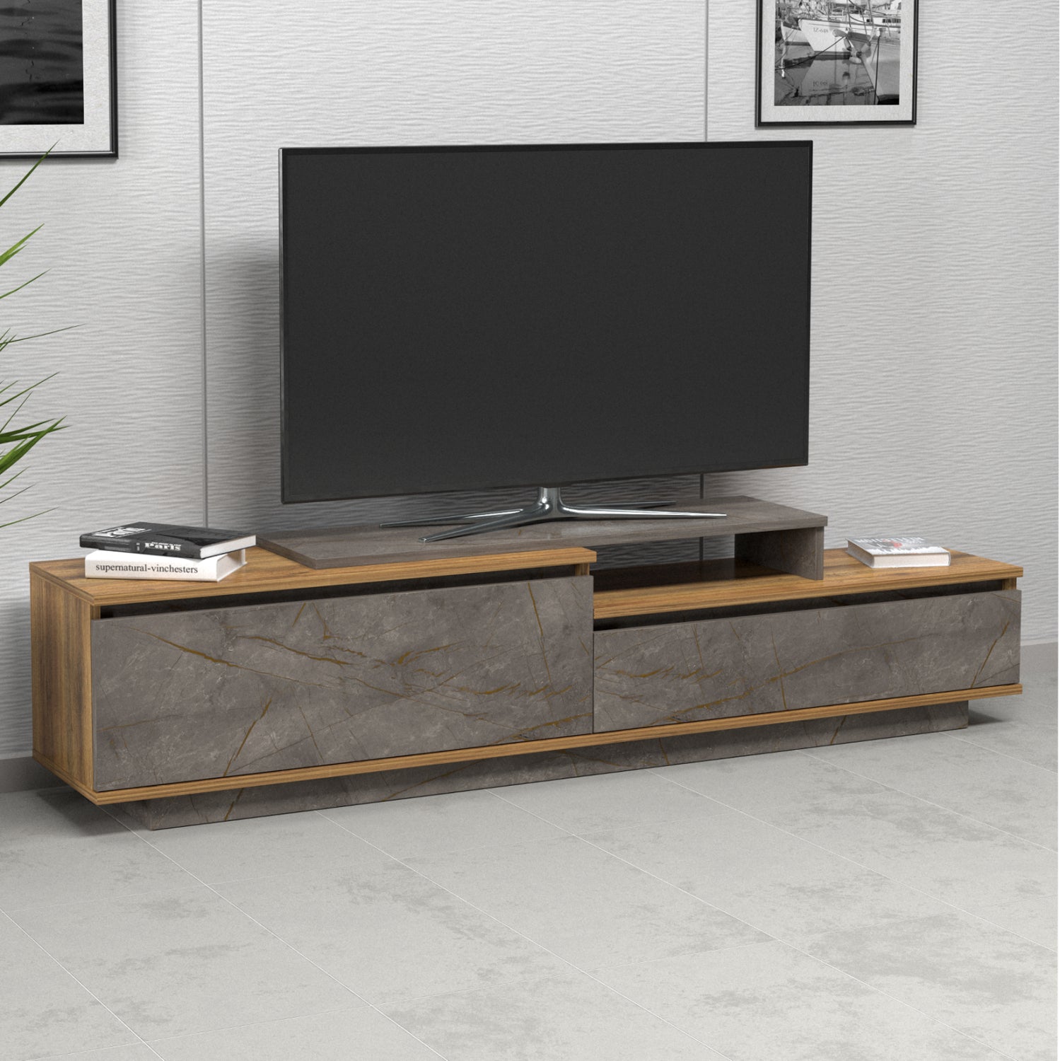 ΕΠΙΠΛΟ TV LEIS HM18186 ΜΕΛΑΜΙΝΗ ΣΕ ΦΥΣΙΚΟ ΞΥΛΟΥ & ΟΨΗ ΓΚΡΙ ΜΑΡΜΑΡΟ 180x35x42Υεκ. - Pakobazaar