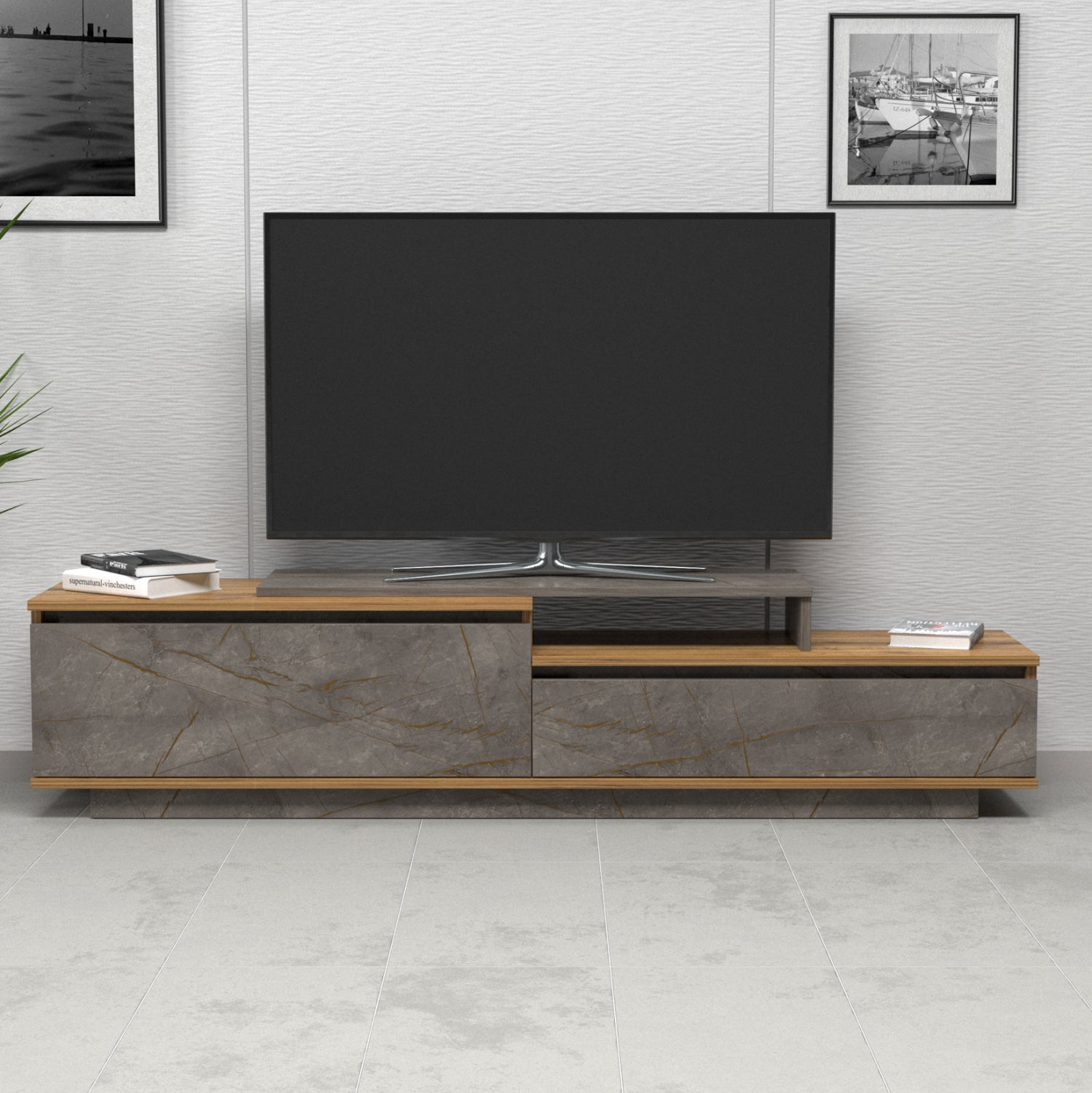 ΕΠΙΠΛΟ TV LEIS HM18186 ΜΕΛΑΜΙΝΗ ΣΕ ΦΥΣΙΚΟ ΞΥΛΟΥ & ΟΨΗ ΓΚΡΙ ΜΑΡΜΑΡΟ 180x35x42Υεκ. - Pakobazaar