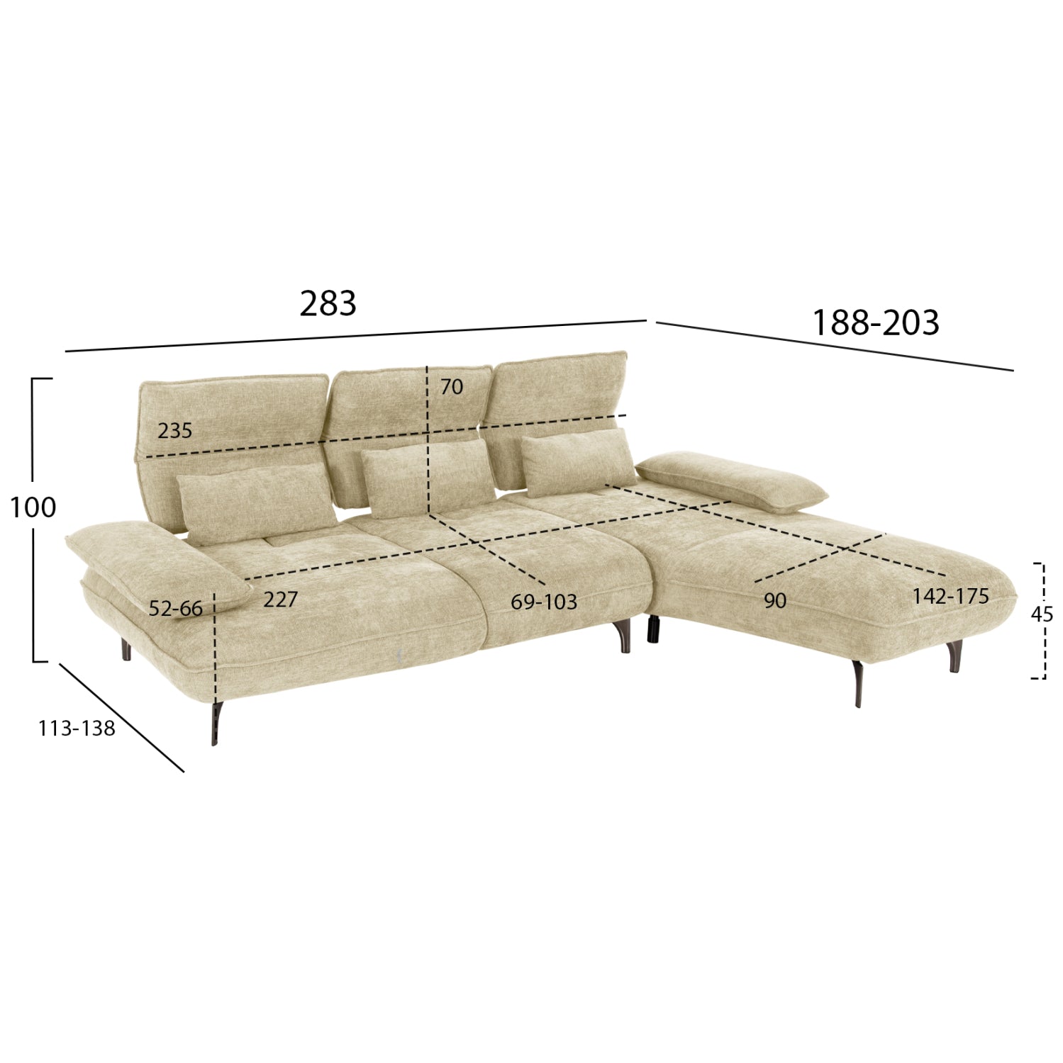 ΓΩΝΙΑΚΟΣ ΚΑΝΑΠΕΣ (ΔΕΞΙΑ) CONVERT HM3268.01R ΕΚΡΟΥ ΥΦΑΣΜΑ 283x188x100Υεκ. - Pakobazaar