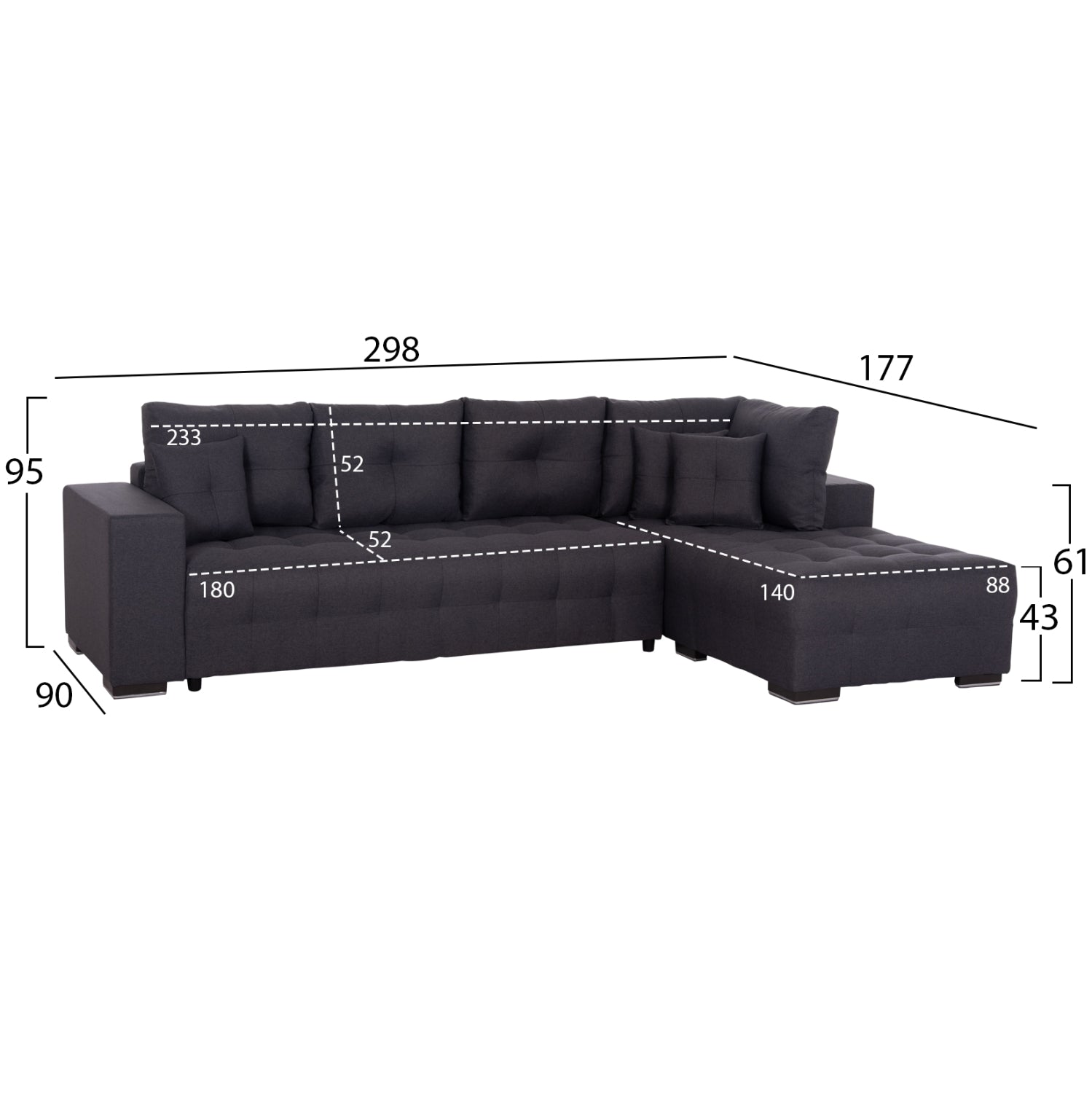 ΓΩΝΙΑΚΟΣ ΚΑΝΑΠΕΣ-ΚΡΕΒΑΤΙ ΜΕ ΑΠΟΘ.ΧΩΡΟ TRENDSTON HM3302.01R ΓΚΡΙ ΥΦΑΣΜΑ 298x177x95Υεκ - Pakobazaar