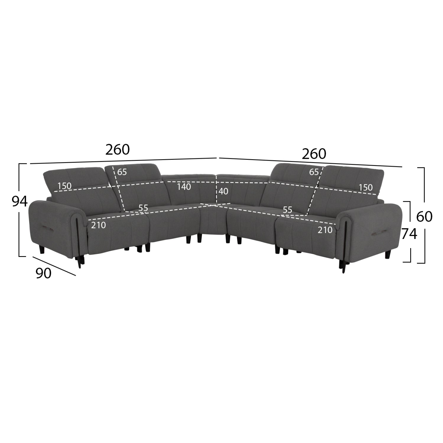 ΓΩΝΙΑΚΟΣ ΚΑΝΑΠΕΣ ΜΕ RECLINE ORACLE HM3290.01 ΓΚΡΙ ΥΦΑΣΜΑ 260x260x90(κάθισμα)x94Υεκ. - Pakobazaar