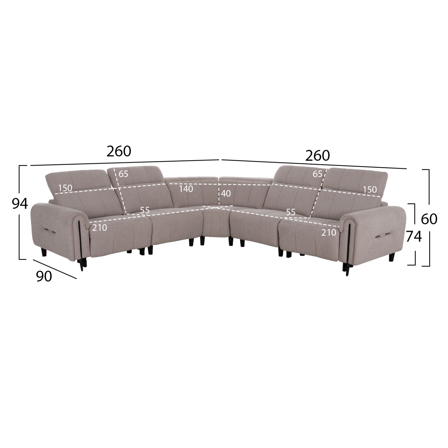 ΓΩΝΙΑΚΟΣ ΚΑΝΑΠΕΣ ΜΕ RECLINE ORACLE HM3290.02 ΜΠΕΖ ΥΦΑΣΜΑ 260x260x90(κάθισμα)x94Υεκ. - Pakobazaar