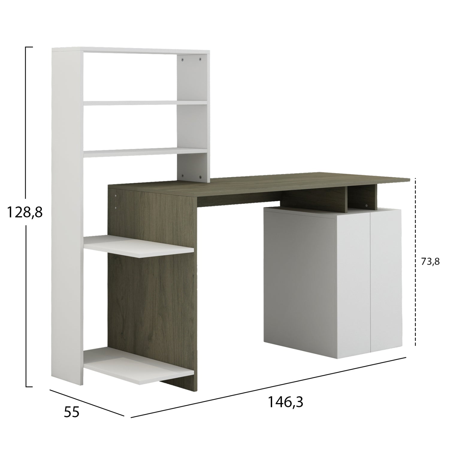 ΓΡΑΦΕΙΟ ΜΕ ΒΙΒΛΙΟΘΗΚΗ ROCHELL ΜΕΛΑΜΙΝΗ OLIVE GREY ΛΕΥΚΟ 146,3x55x128,8Υεκ.HM8886.11 - Pakobazaar