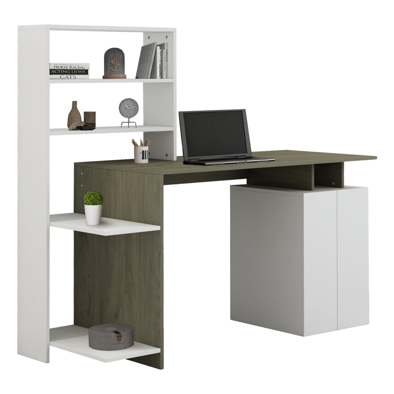 ΓΡΑΦΕΙΟ ΜΕ ΒΙΒΛΙΟΘΗΚΗ ROCHELL ΜΕΛΑΜΙΝΗ OLIVE GREY ΛΕΥΚΟ 146,3x55x128,8Υεκ.HM8886.11 - Pakobazaar