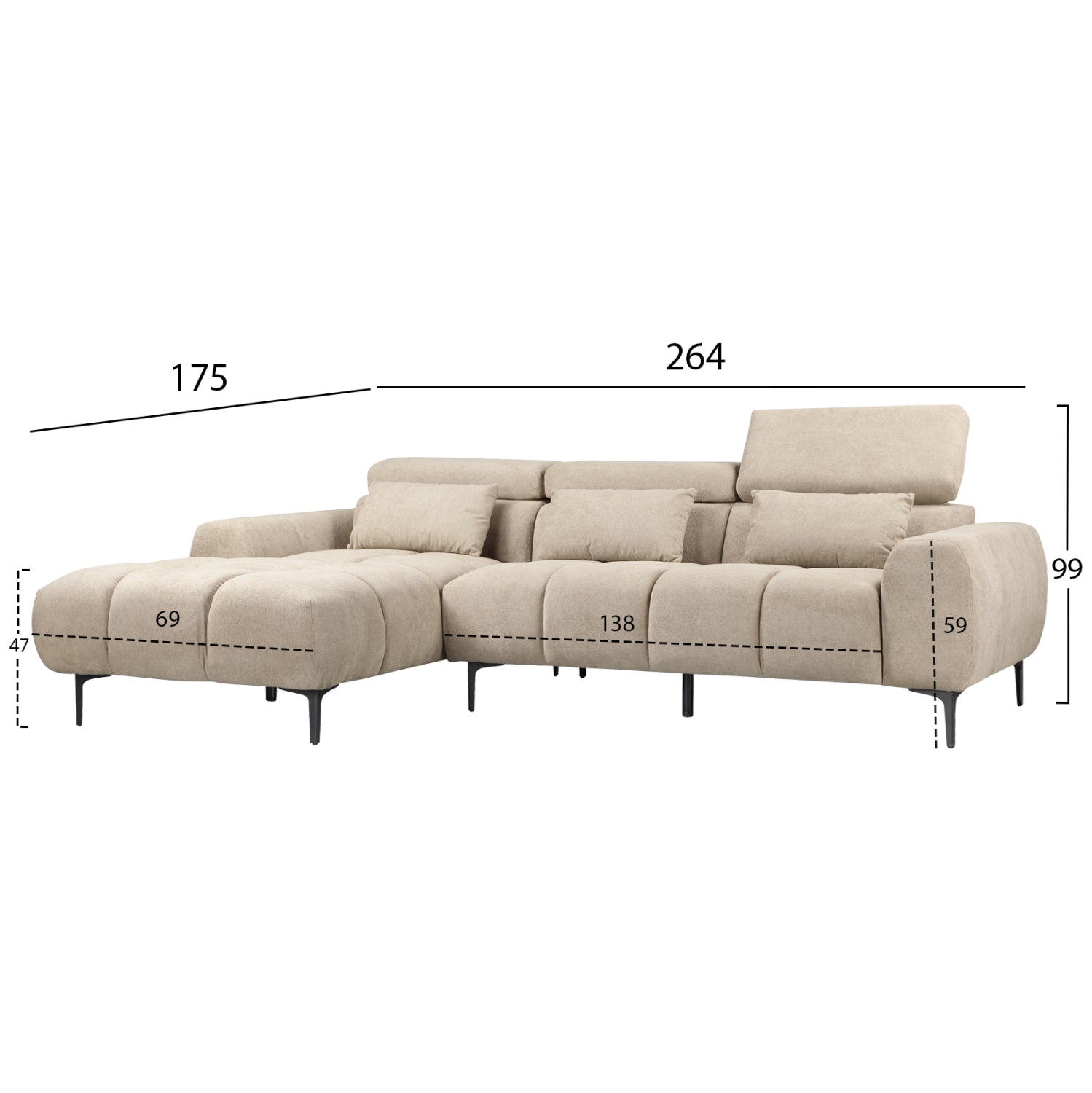ΚΑΝΑΠΕΣ ΑΡΙΣΤΕΡΗ ΓΩΝΙΑ DIVYA HM3267.11L ΜΠΕΖ ΥΦΑΣΜΑ 264x175x99Υεκ. - Pakobazaar