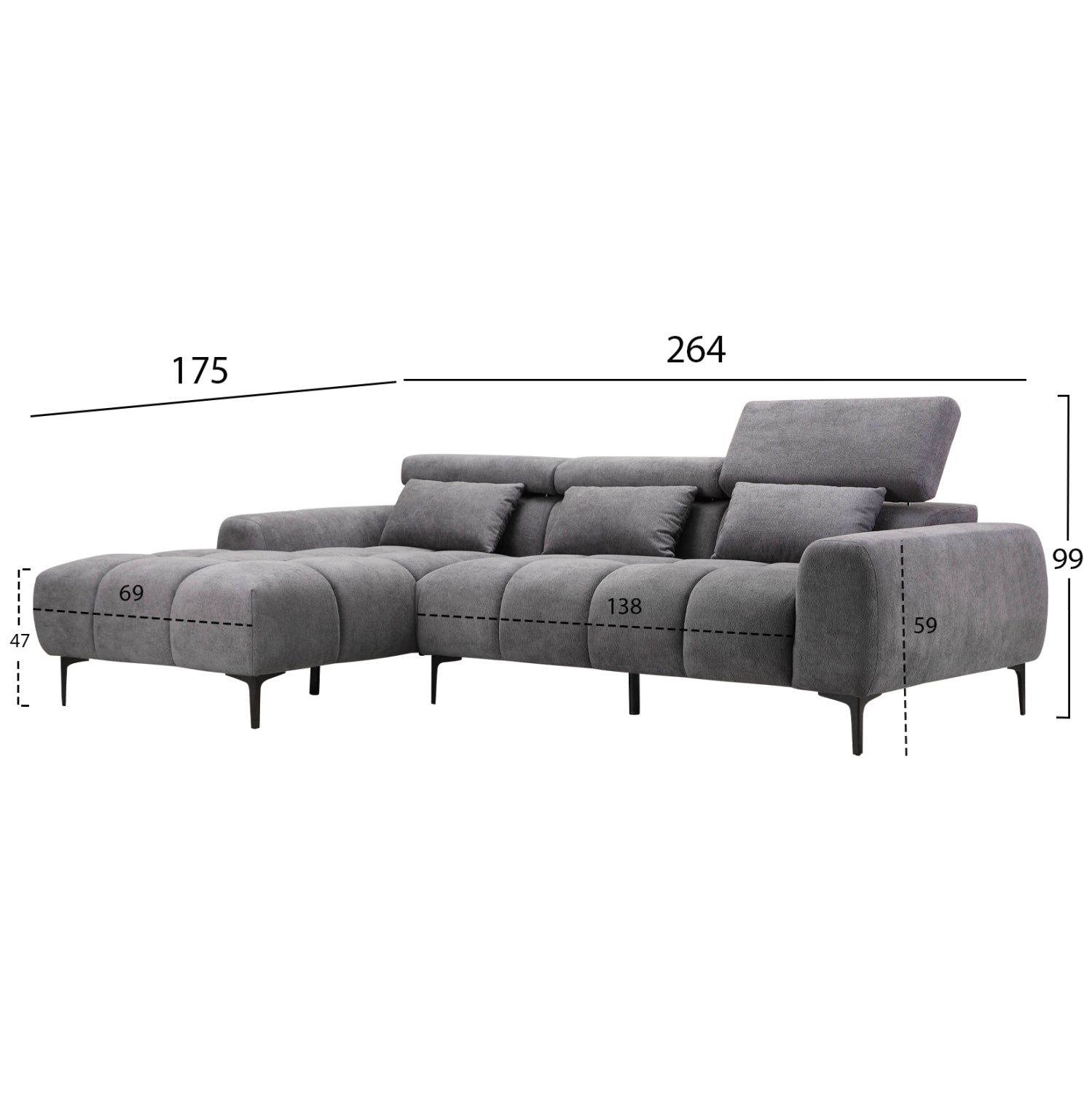 ΚΑΝΑΠΕΣ ΑΡΙΣΤΕΡΗ ΓΩΝΙΑ DIVYA HM3267.12L ΓΚΡΙ ΥΦΑΣΜΑ 264x175x99Υεκ. - Pakobazaar