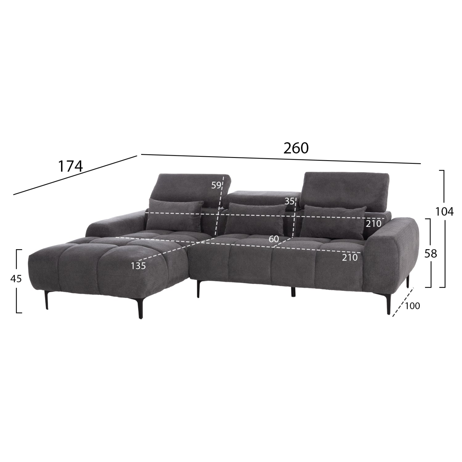 ΚΑΝΑΠΕΣ ΑΡΙΣΤΕΡΗ ΓΩΝΙΑ DIVYA HM3267.12L ΓΚΡΙ ΥΦΑΣΜΑ 260x100-174x104Υεκ. - Pakobazaar