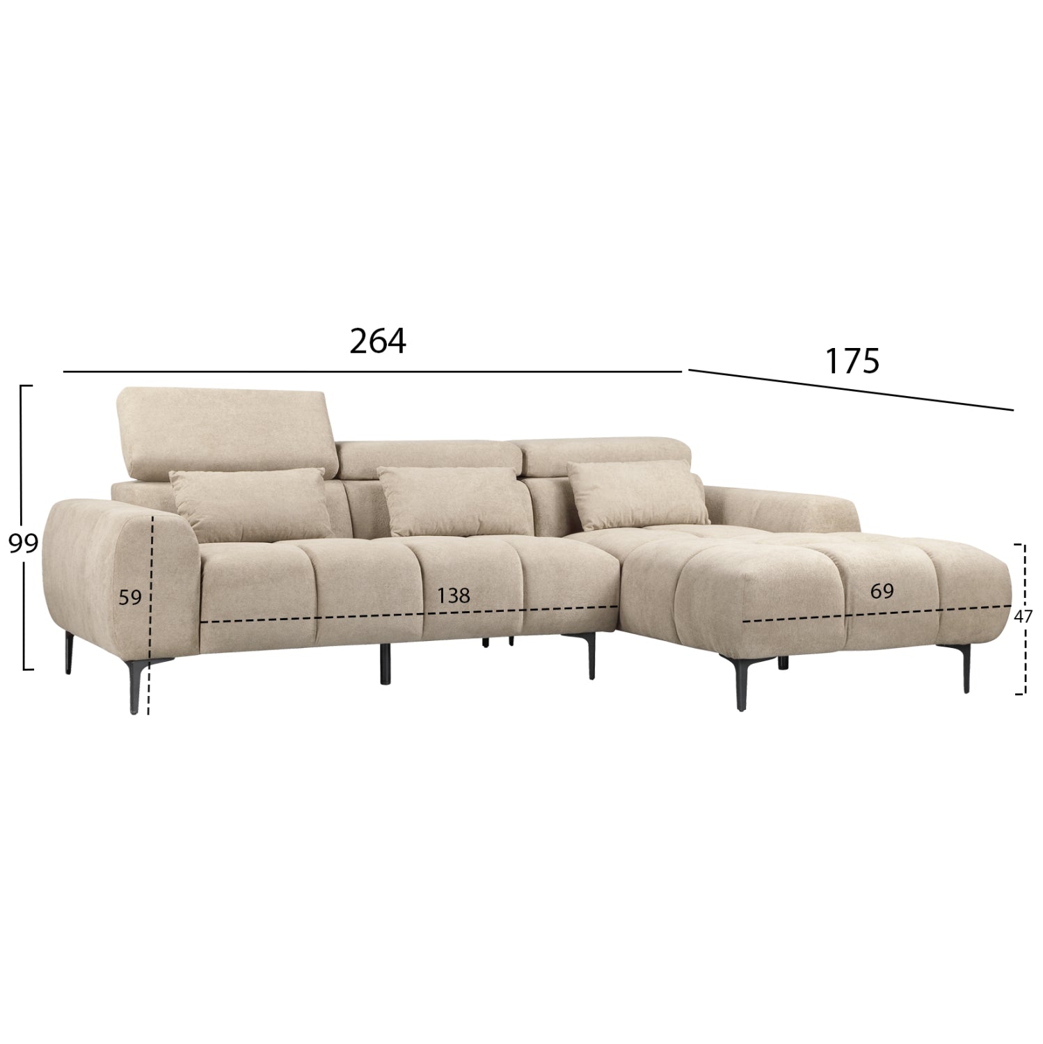 ΚΑΝΑΠΕΣ ΔΕΞΙΑ ΓΩΝΙΑ DIVYA HM3267.11R ΜΠΕΖ ΥΦΑΣΜΑ 264x175x99Υεκ. - Pakobazaar