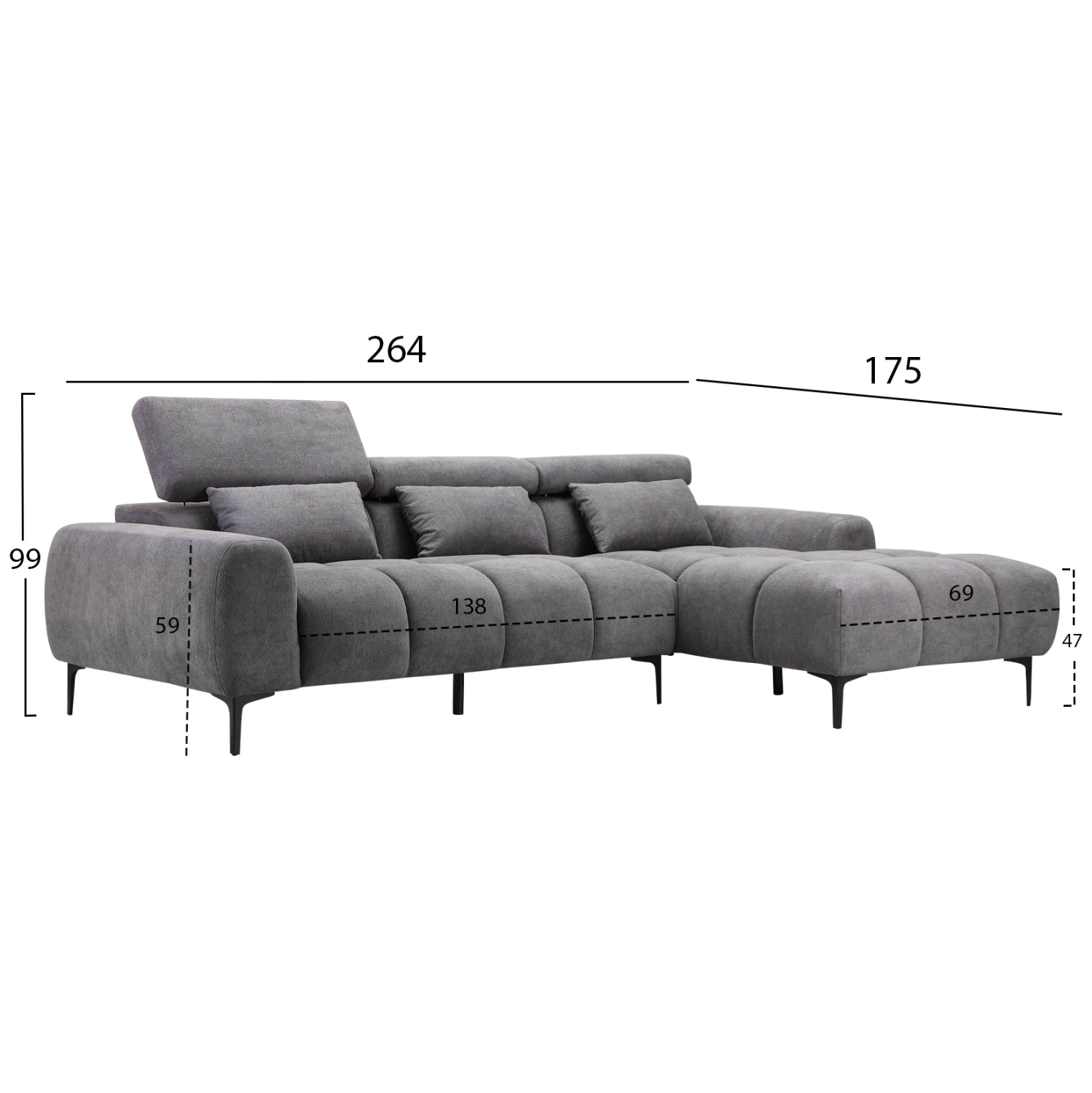 ΚΑΝΑΠΕΣ ΔΕΞΙΑ ΓΩΝΙΑ DIVYA HM3267.12R ΓΚΡΙ ΥΦΑΣΜΑ 264x175x99Υεκ. - Pakobazaar
